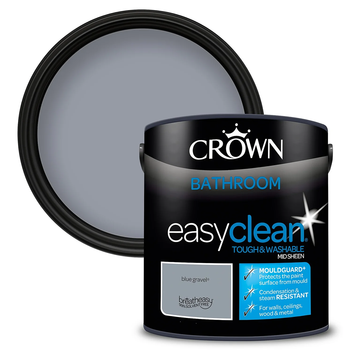 Crown Easyclean® Mouldguard+ Bathroom Mid Sheen Washable Multi Surface Paint Blue Gravel® - 2.5L 1 Crown Easyclean® Mouldguard+ Bathroom Mid Sheen Washable Multi Surface Paint Blue Gravel® - 2.5L