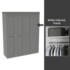 House Beautiful Realm Fitted Look Quad Wardrobe, White Carcass - Grey Shaker Doors (W) 1901mm X (H) 2256mm