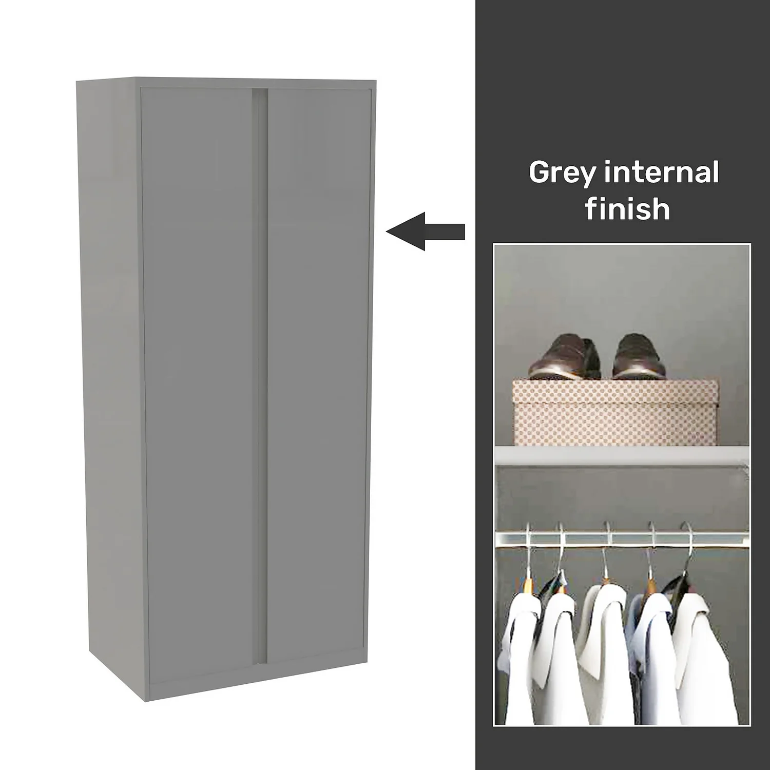 House Beautiful Escape Fitted Look Double Wardrobe, Grey Carcass - Gloss Grey Handleless Doors (W) 940mm X (H) 2226mm 1 House Beautiful Escape Fitted Look Double Wardrobe, Grey Carcass - Gloss Grey Handleless Doors (W) 940mm X (H) 2226mm